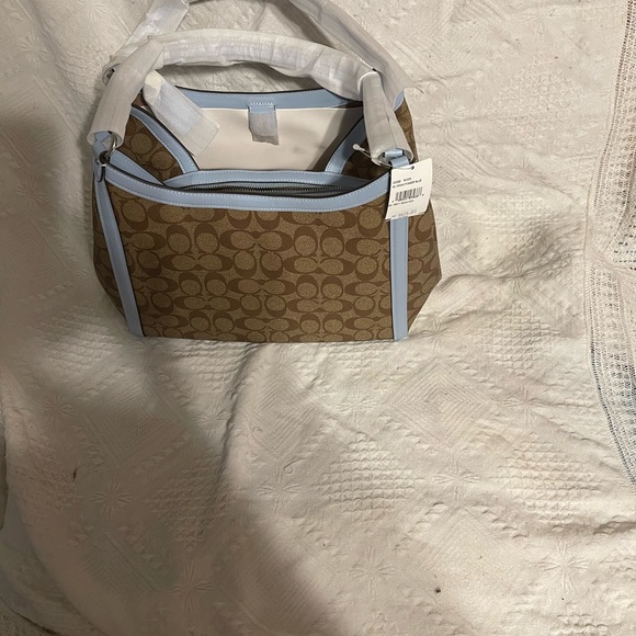 NWT Coach C6232 Kristy Shoulder Bag Tote Hobo Khaki Powder Blue Canvas Leather. - Picture 3 of 3